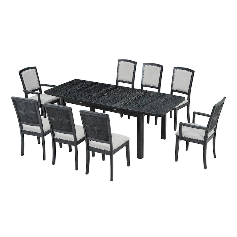 Ensemble de salle à manger rustique extensible avec rallonge amovible de 61 cm, 6 chaises de salle à manger sans accoudoirs rembourrées et 2 fauteuils rembourrés.