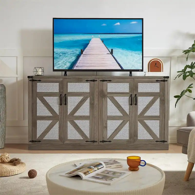 Bahut gris ardoise 165 cm en rotin synthétique avec portes de grange, meuble de rangement 4 portes pour salon, entrée, salle à manger