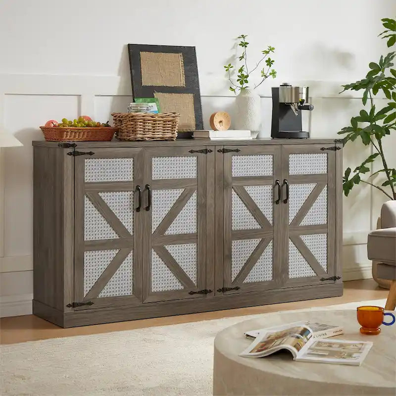 Bahut gris ardoise 165 cm en rotin synthétique avec portes de grange, meuble de rangement 4 portes pour salon, entrée, salle à manger
