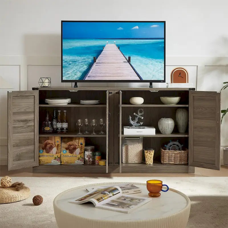 Bahut gris ardoise 165 cm en rotin synthétique avec portes de grange, meuble de rangement 4 portes pour salon, entrée, salle à manger
