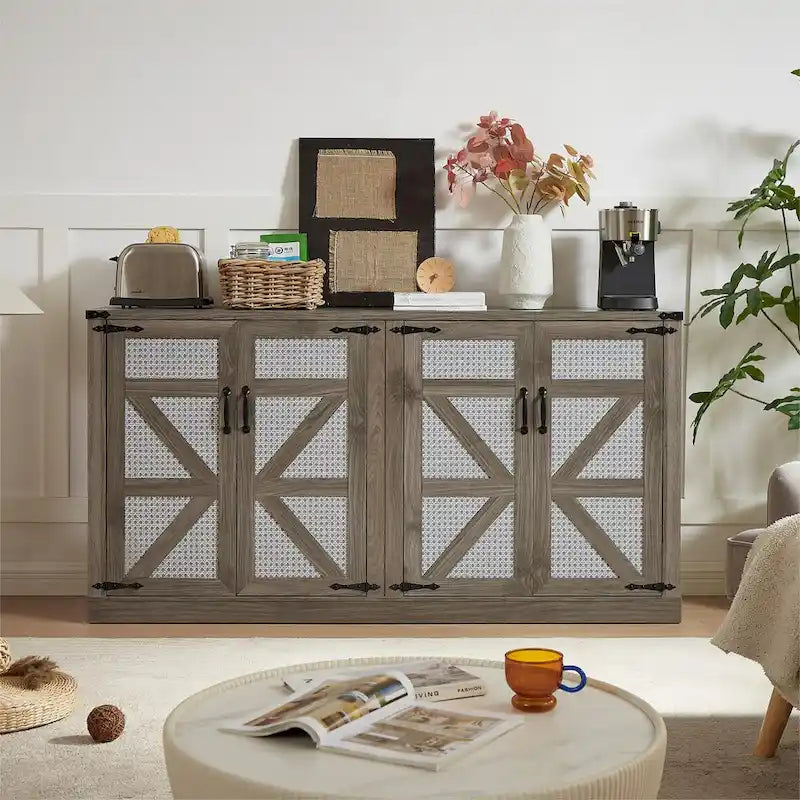 Bahut gris ardoise 165 cm en rotin synthétique avec portes de grange, meuble de rangement 4 portes pour salon, entrée, salle à manger
