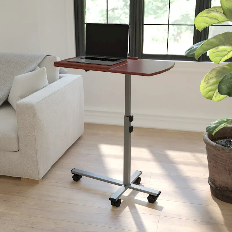 Table d'ordinateur portable mobile réglable en hauteur et en inclinaison avec plateau couleur cerisier
