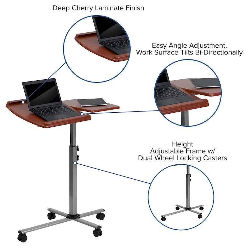 Table d'ordinateur portable mobile réglable en hauteur et en inclinaison avec plateau couleur cerisier