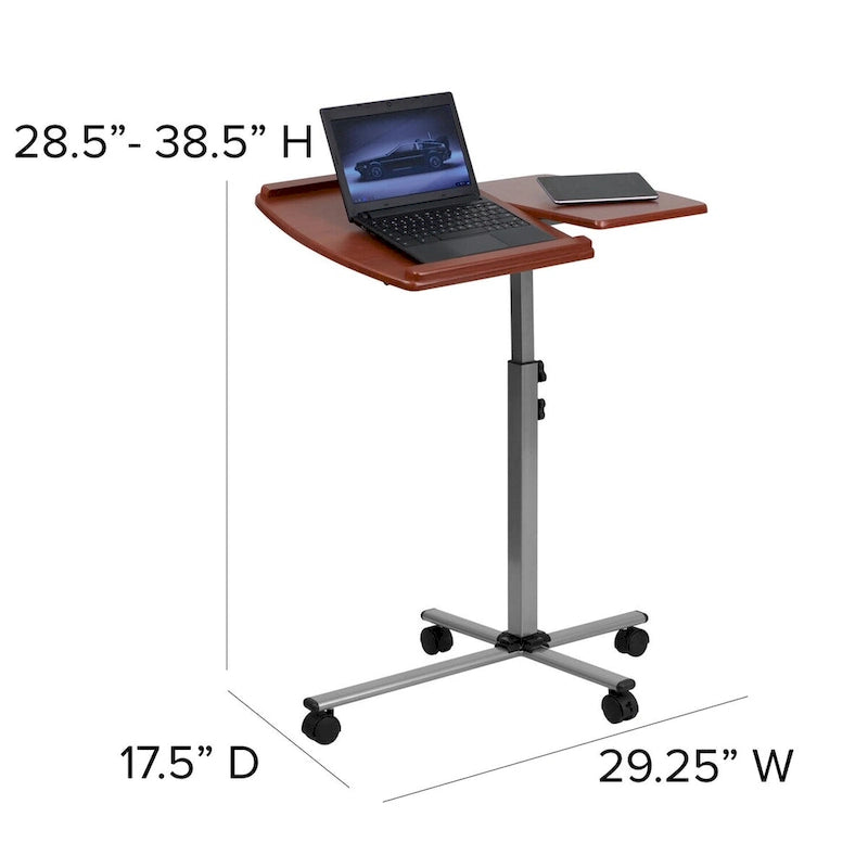 Table d'ordinateur portable mobile réglable en hauteur et en inclinaison avec plateau couleur cerisier