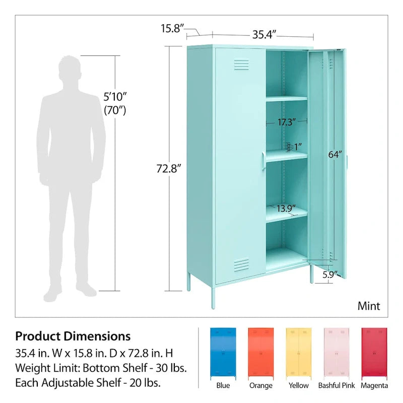 Armoire de rangement haute en métal à 2 portes, orange/rose, 1 personne