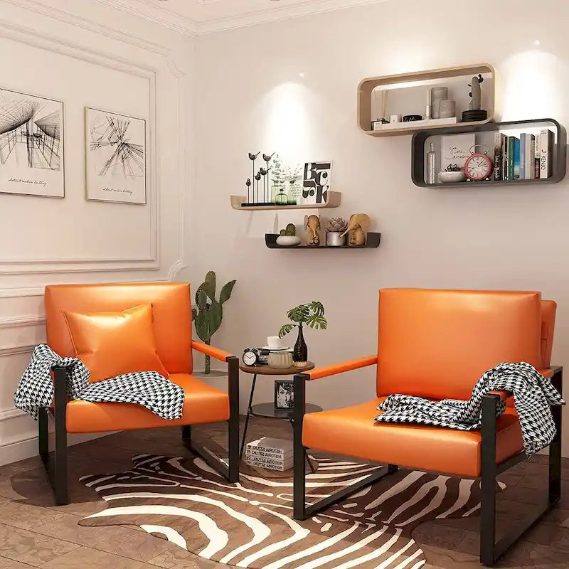 Fauteuil moderne en cuir PU orange avec dossier rembourré extra-épais, fauteuil d'appoint individuel pour le salon