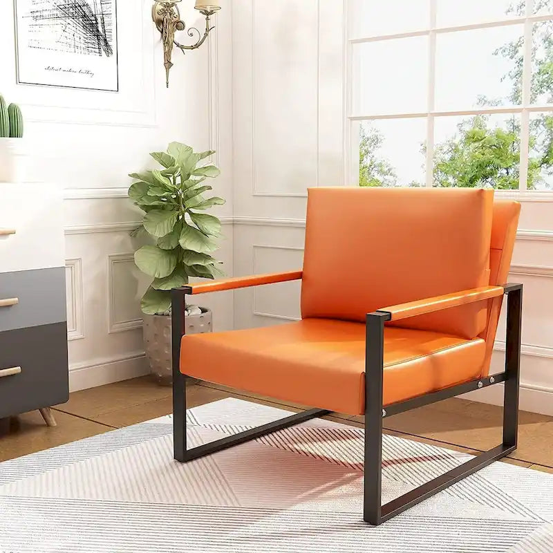 Fauteuil moderne en cuir PU orange avec dossier rembourré extra-épais, fauteuil d'appoint individuel pour le salon