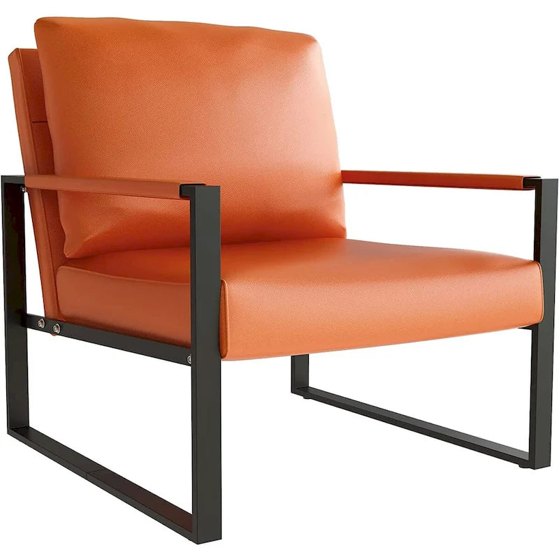 Fauteuil moderne en cuir PU orange avec dossier rembourré extra-épais, fauteuil d'appoint individuel pour le salon