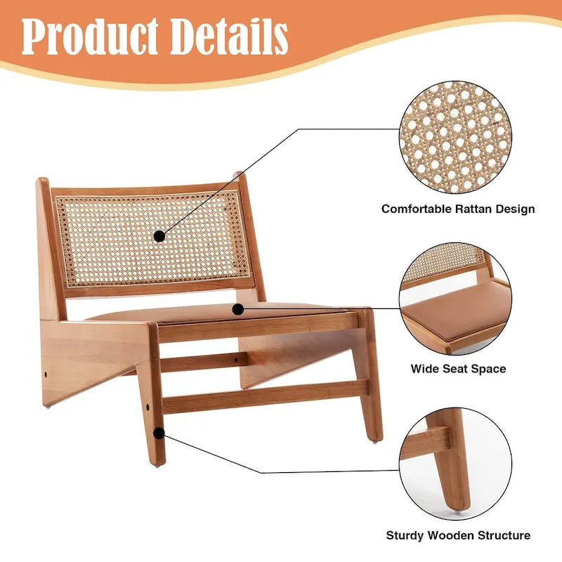 Chaises en rotin, chaise d'appoint sans accoudoirs du milieu du siècle, chaise de lecture latérale, chaise de salon bohème avec cadre en bois
