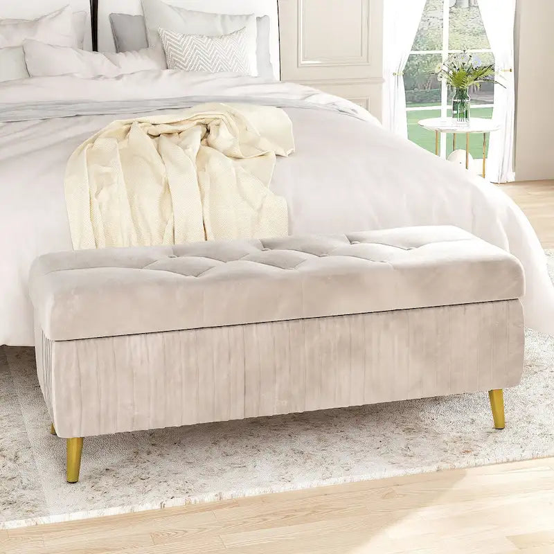 Banc de rangement ottoman capitonné moderne, banc de rangement rembourré en velours avec boutons, parfait pour la chambre à coucher, le salon, l'entrée