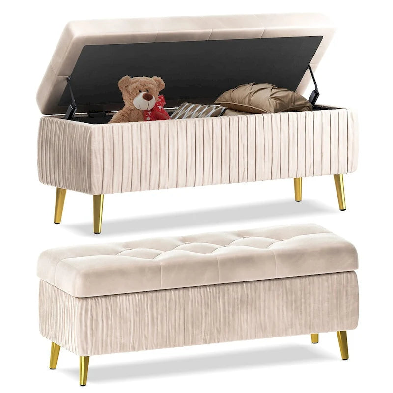 Banc de rangement ottoman capitonné moderne, banc de rangement rembourré en velours avec boutons, parfait pour la chambre à coucher, le salon, l'entrée