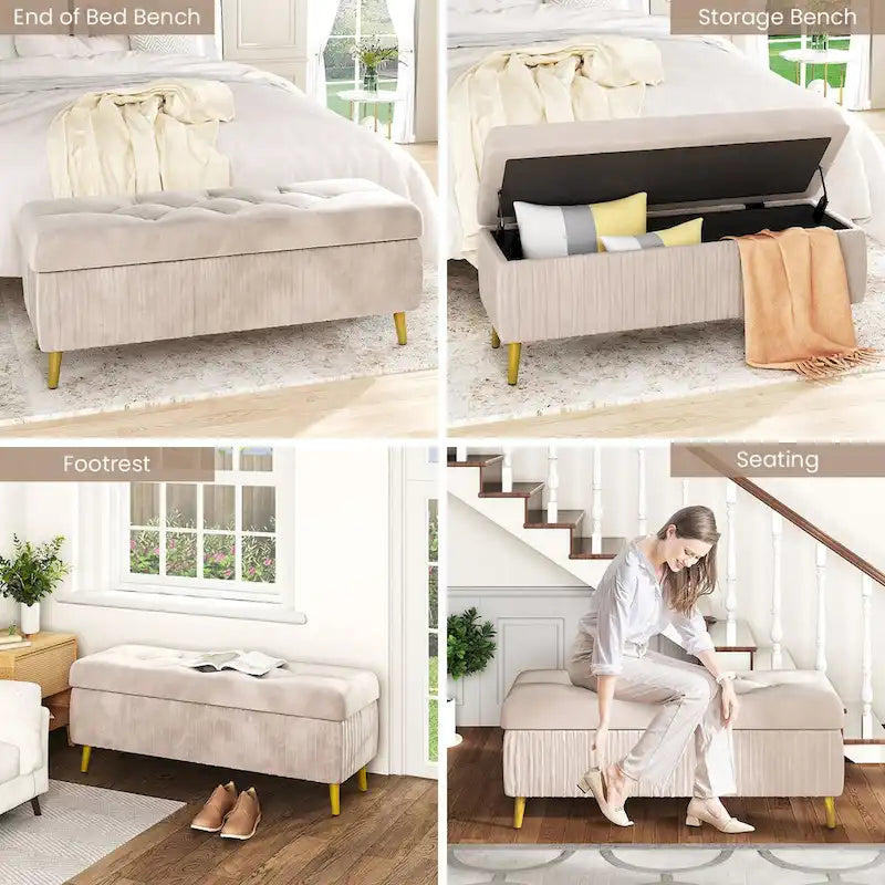 Banc de rangement ottoman capitonné moderne, banc de rangement rembourré en velours avec boutons, parfait pour la chambre à coucher, le salon, l'entrée