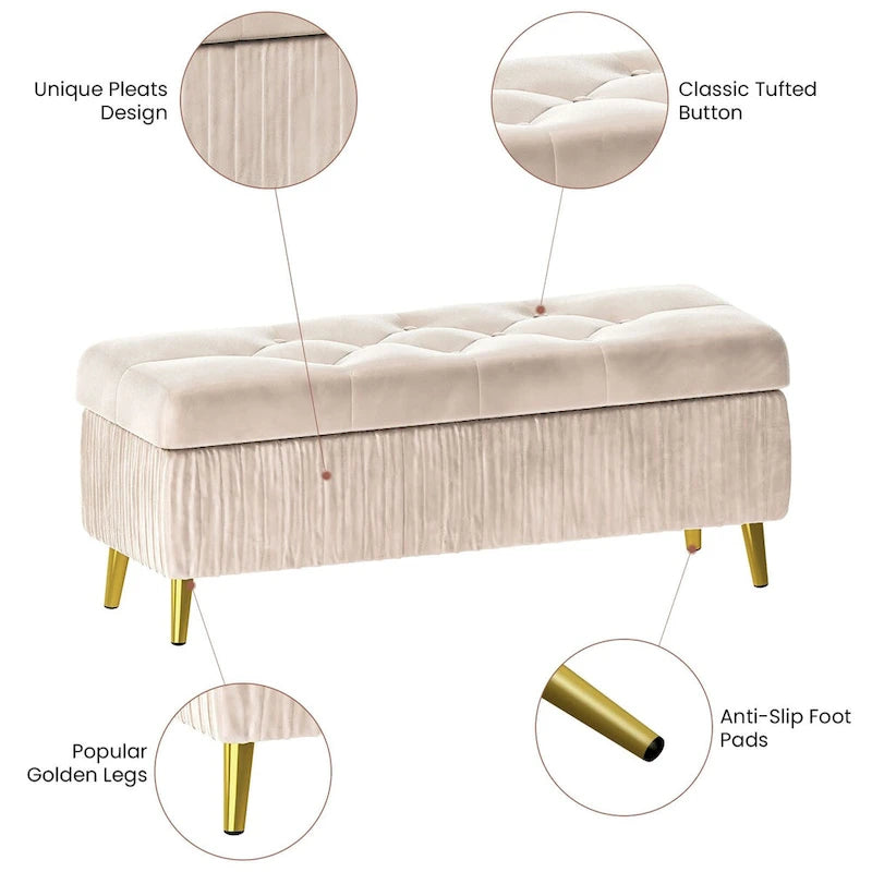 Banc de rangement ottoman capitonné moderne, banc de rangement rembourré en velours avec boutons, parfait pour la chambre à coucher, le salon, l'entrée