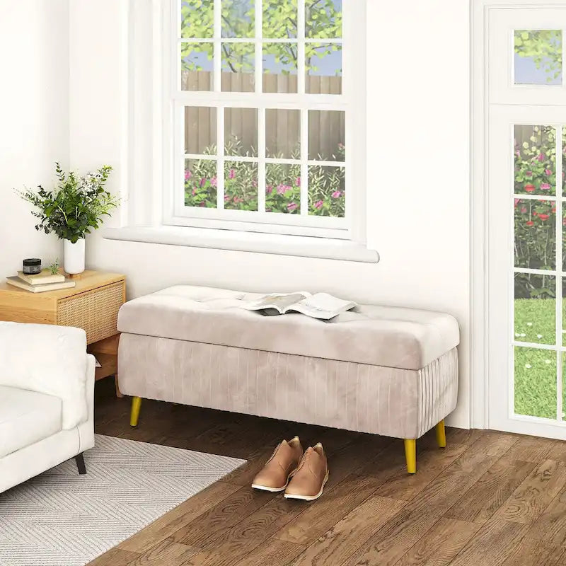 Banc de rangement ottoman capitonné moderne, banc de rangement rembourré en velours avec boutons, parfait pour la chambre à coucher, le salon, l'entrée