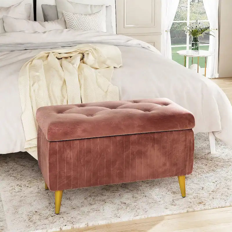 Banc de rangement ottoman capitonné moderne, banc de rangement rembourré en velours avec boutons, parfait pour la chambre à coucher, le salon, l'entrée