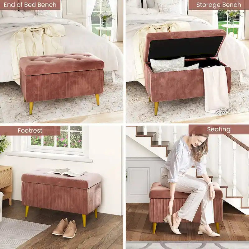 Banc de rangement ottoman capitonné moderne, banc de rangement rembourré en velours avec boutons, parfait pour la chambre à coucher, le salon, l'entrée