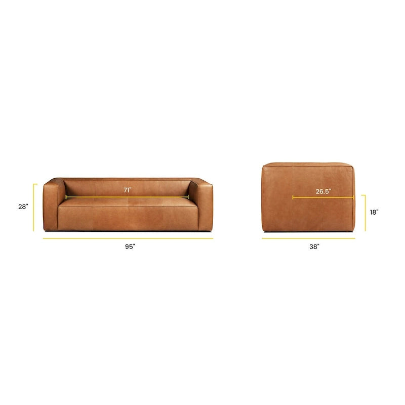 Canapé Poly & Bark Piazza 95 en cuir véritable pleine fleur italien - coloris Saddle Tan