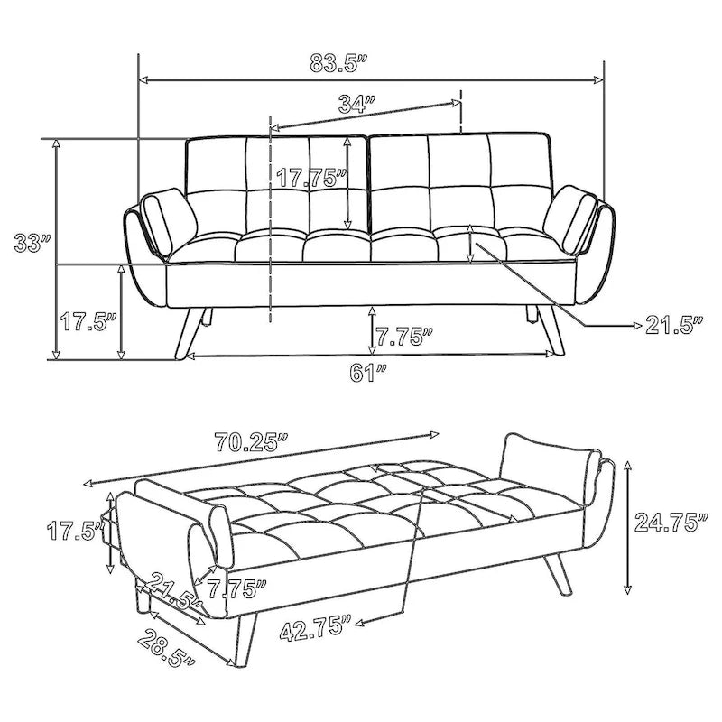 Canapé futon Kori de 84 pouces avec dossier capitonné, pieds inclinés, tissu gris
