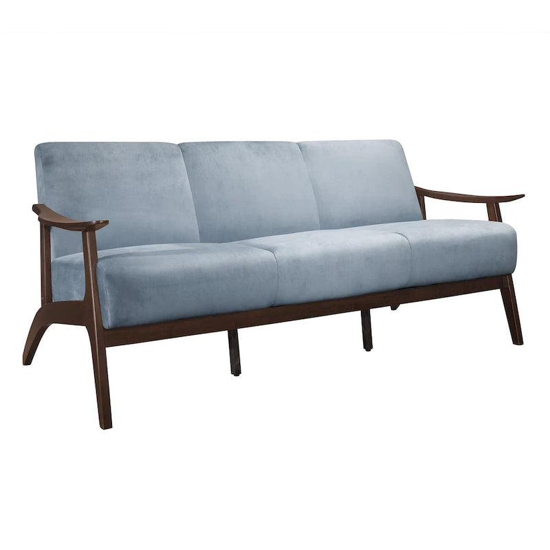 Canapé Rica de 73 pouces, Velours bleu gris doux, Bois d'hévéa massif couleur noyer