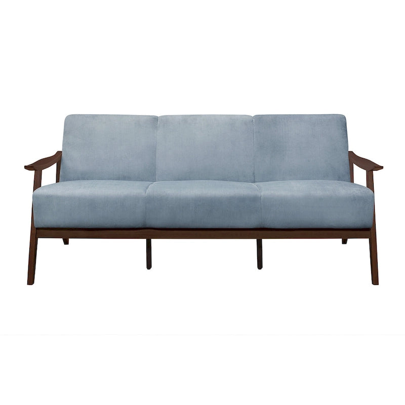 Canapé Rica de 73 pouces, Velours bleu gris doux, Bois d'hévéa massif couleur noyer