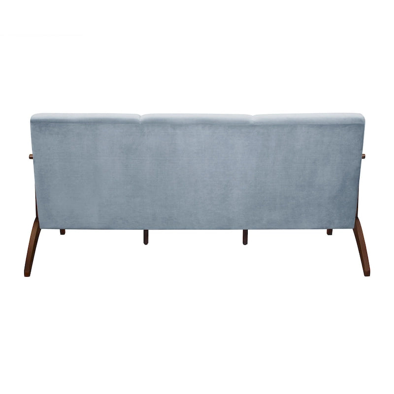 Canapé Rica de 73 pouces, Velours bleu gris doux, Bois d'hévéa massif couleur noyer