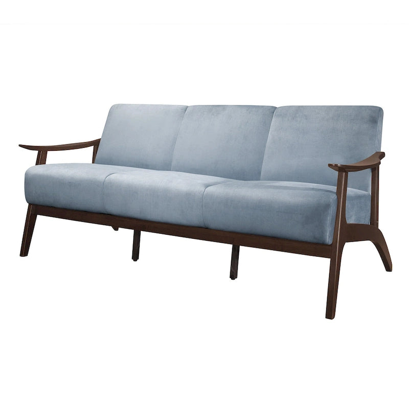 Canapé Rica de 73 pouces, Velours bleu gris doux, Bois d'hévéa massif couleur noyer
