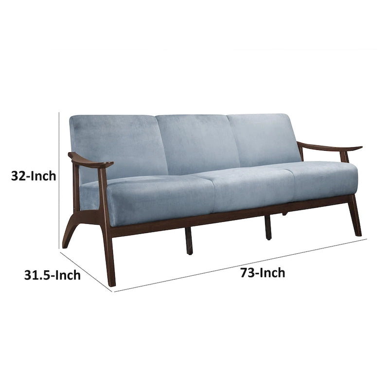Canapé Rica de 73 pouces, Velours bleu gris doux, Bois d'hévéa massif couleur noyer