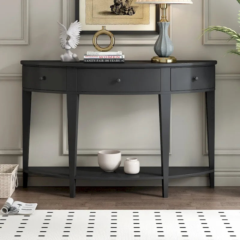 Console incurvée moderne pour canapé, 3 tiroirs, 1 étagère, noir