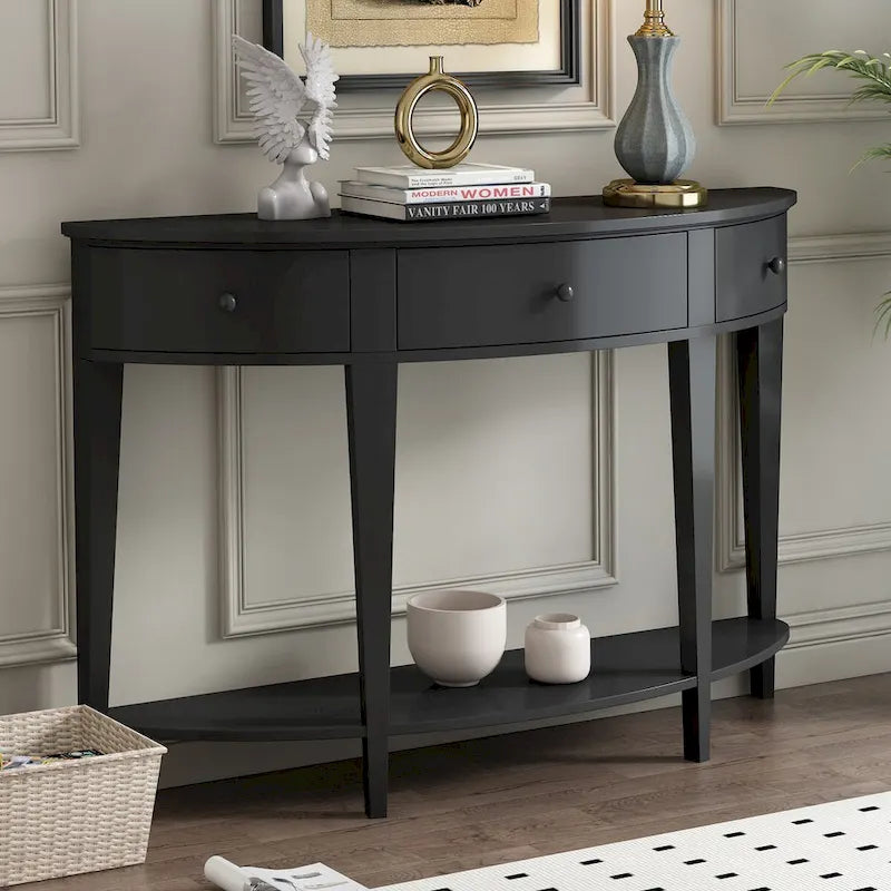 Console incurvée moderne pour canapé, 3 tiroirs, 1 étagère, noir