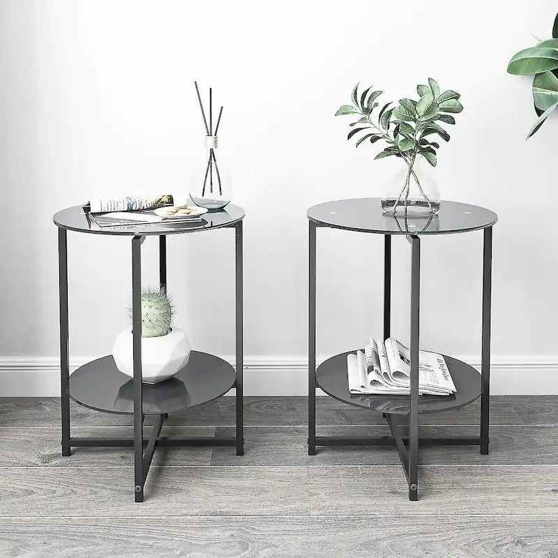 Lot de 2, table d'appoint en verre trempé, table basse ronde pour chambre à coucher, salon, bureau