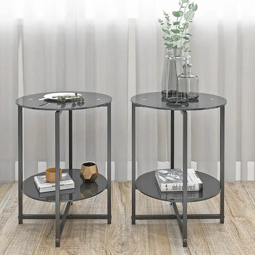 Lot de 2, table d'appoint en verre trempé, table basse ronde pour chambre à coucher, salon, bureau