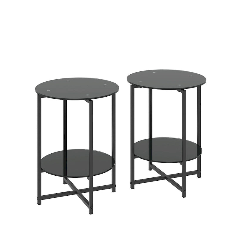 Lot de 2, table d'appoint en verre trempé, table basse ronde pour chambre à coucher, salon, bureau