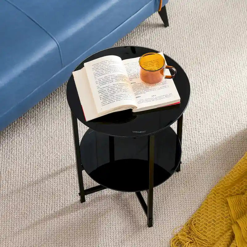 Lot de 2, table d'appoint en verre trempé, table basse ronde pour chambre à coucher, salon, bureau