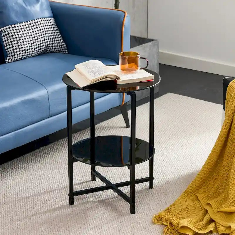 Lot de 2, table d'appoint en verre trempé, table basse ronde pour chambre à coucher, salon, bureau