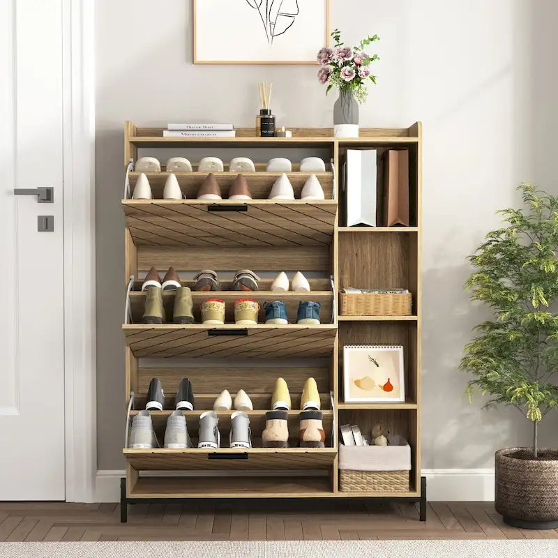 Meuble à chaussures avec 3 tiroirs basculants et étagères ouvertes, meuble de rangement à chaussures mince pour entrée, étagère à chaussures étroite et discrète pour talons et bottes