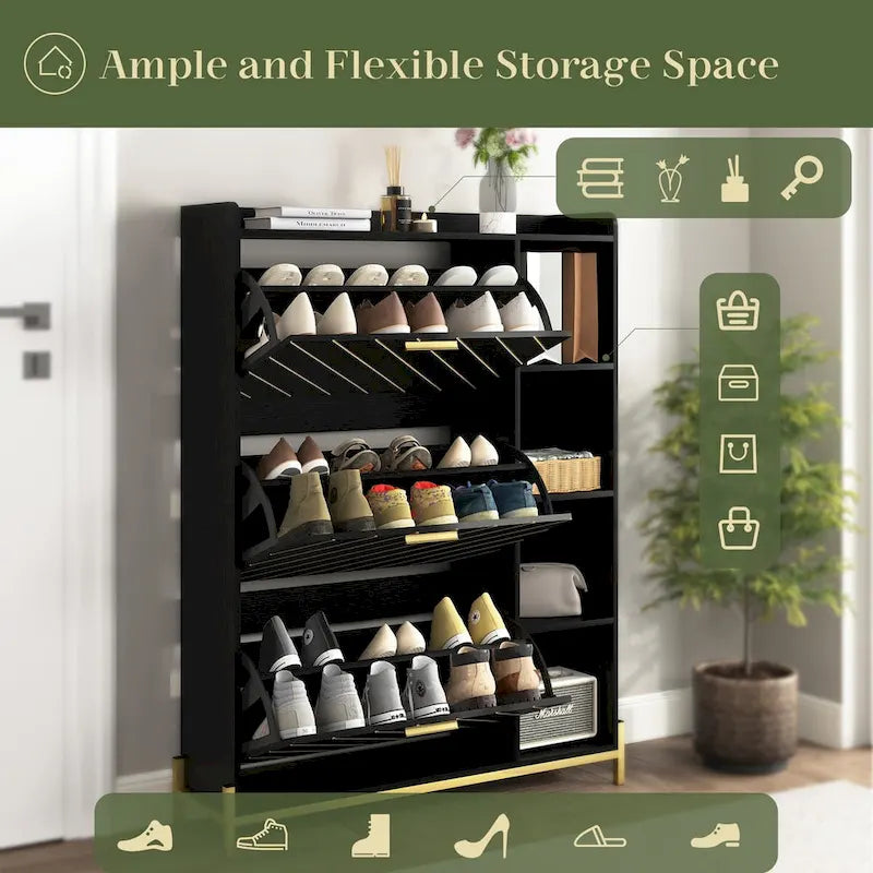 Meuble à chaussures avec 3 tiroirs basculants et étagères ouvertes, meuble de rangement à chaussures mince pour entrée, étagère à chaussures étroite et discrète pour talons et bottes