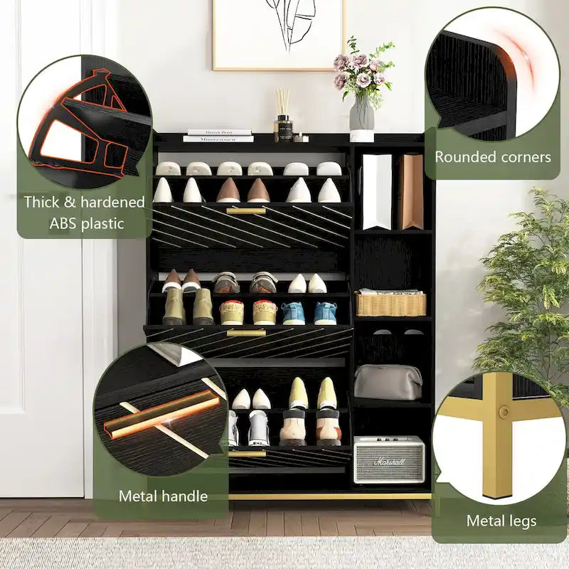 Meuble à chaussures avec 3 tiroirs basculants et étagères ouvertes, meuble de rangement à chaussures mince pour entrée, étagère à chaussures étroite et discrète pour talons et bottes