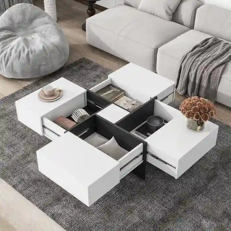 Table basse au design unique avec plateau coulissant extensible