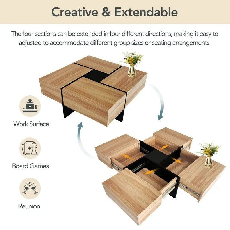 Table basse au design unique avec plateau coulissant extensible