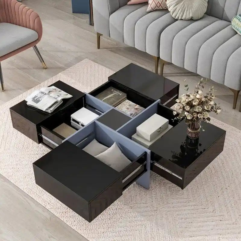 Table basse au design unique avec plateau coulissant extensible