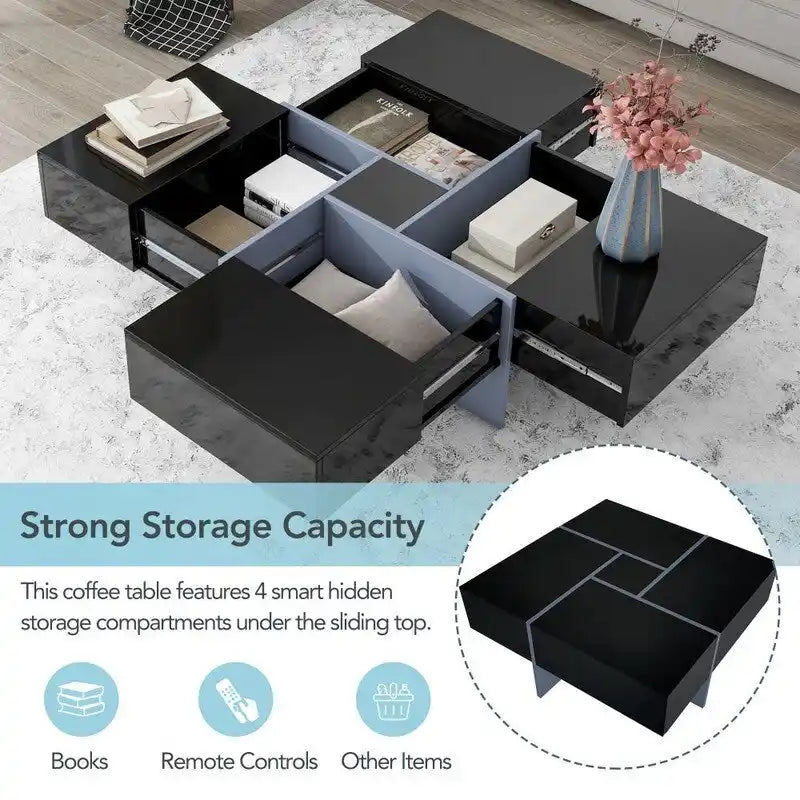 Table basse au design unique avec plateau coulissant extensible