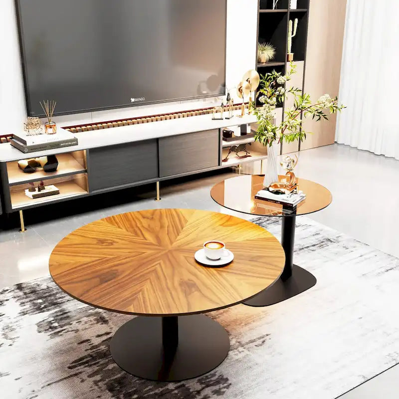 Lot de 2 tables basses d'appoint rondes gigognes modernes avec plateau en verre ardoise
