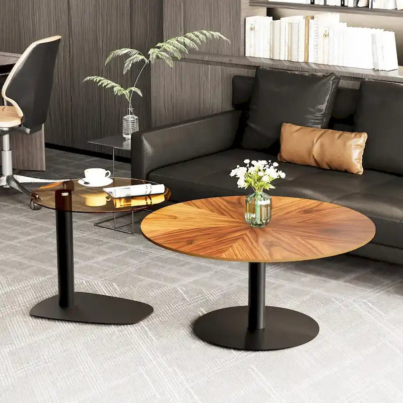 Lot de 2 tables basses d'appoint rondes gigognes modernes avec plateau en verre ardoise