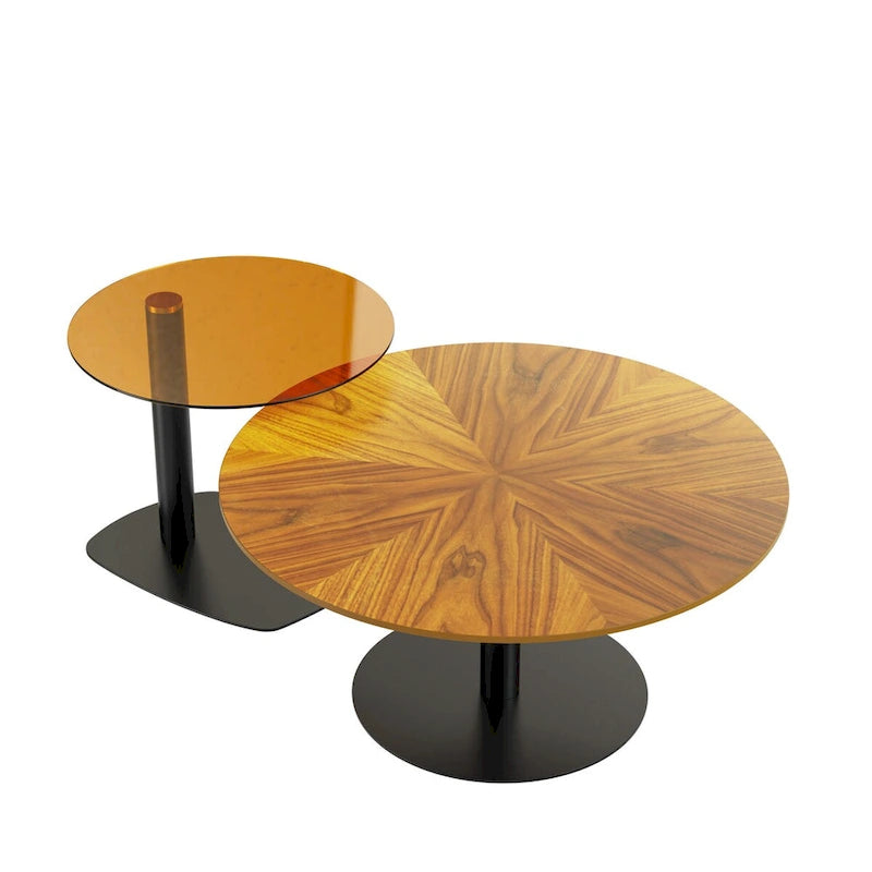 Lot de 2 tables basses d'appoint rondes gigognes modernes avec plateau en verre ardoise