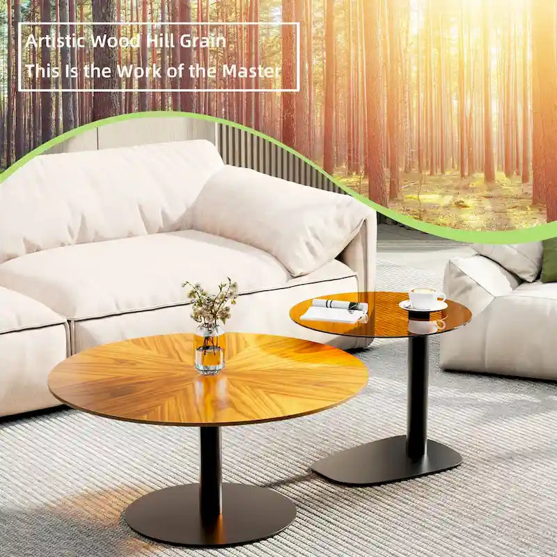 Lot de 2 tables basses d'appoint rondes gigognes modernes avec plateau en verre ardoise
