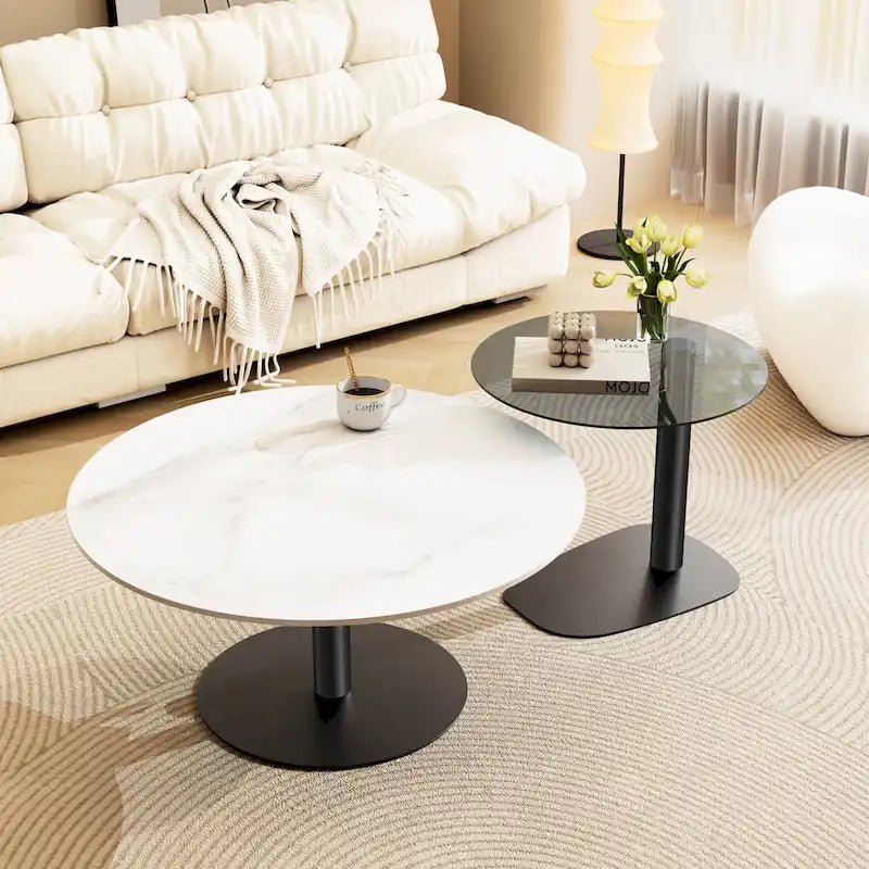 Lot de 2 tables basses d'appoint rondes gigognes modernes avec plateau en verre ardoise