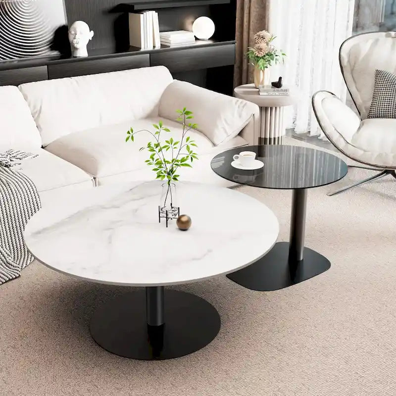 Lot de 2 tables basses d'appoint rondes gigognes modernes avec plateau en verre ardoise