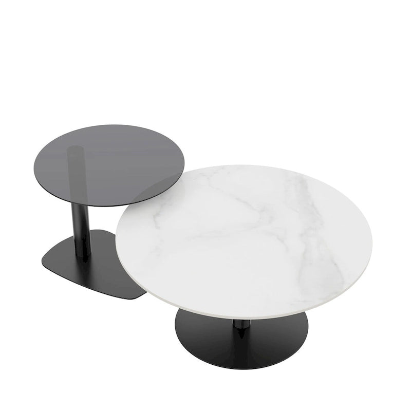 Lot de 2 tables basses d'appoint rondes gigognes modernes avec plateau en verre ardoise