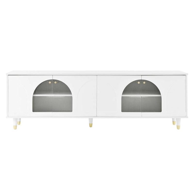 Meuble TV élégant avec poignées dorées et portes en verre cannelé en arc de cercle
