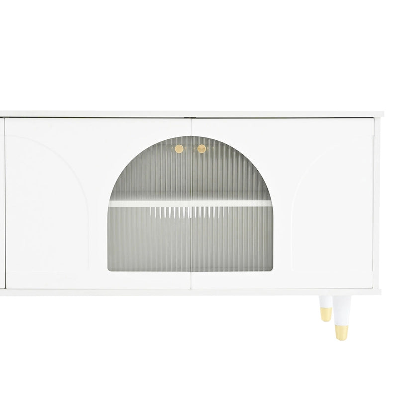 Meuble TV élégant avec poignées dorées et portes en verre cannelé en arc de cercle